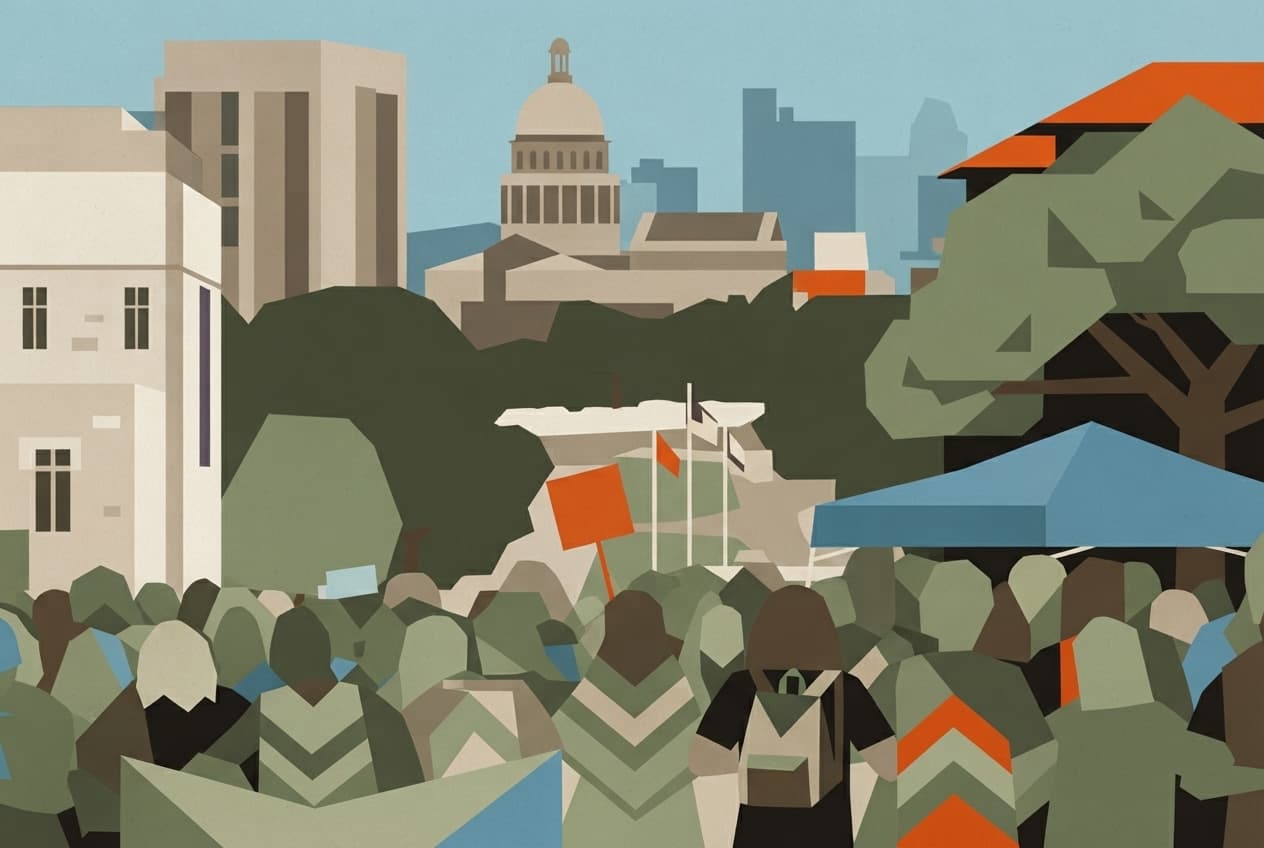 Flat illustration of sign, tent, flagpole, limestone building, oak tree, backpack