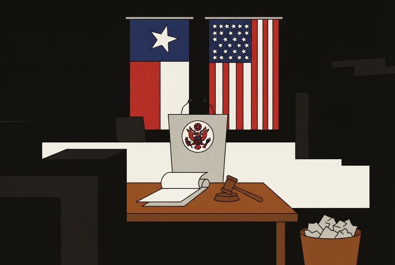 Flat illustration of Document, gavel, wastebasket, federal seal, Texas flag