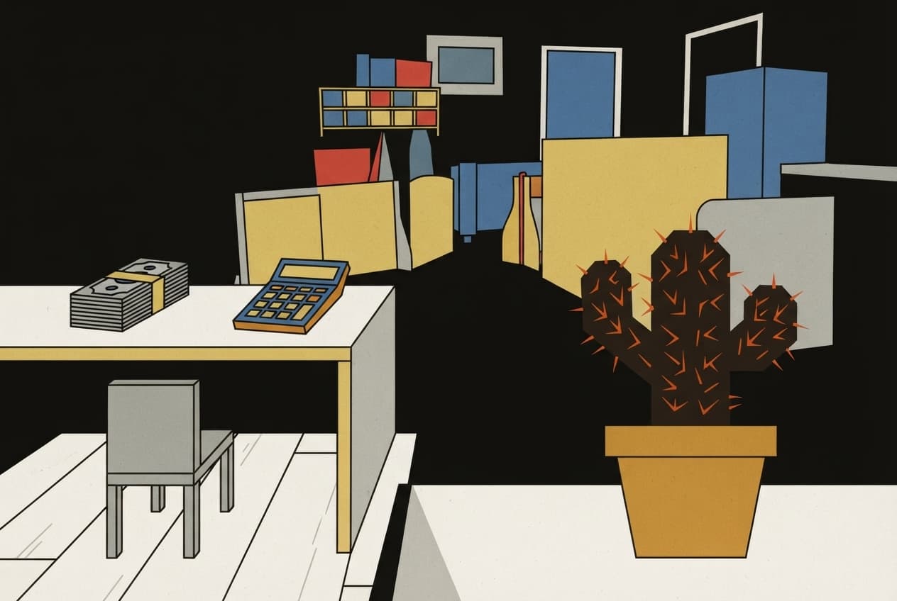 Flat illustration of Toy block, Stack of bills, Empty desk, Calculator, Cactus, Small chair