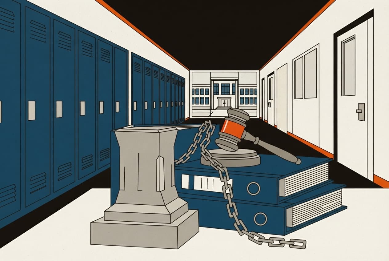 Flat illustration of School building, Binder, Gavel, Chain, Pillar