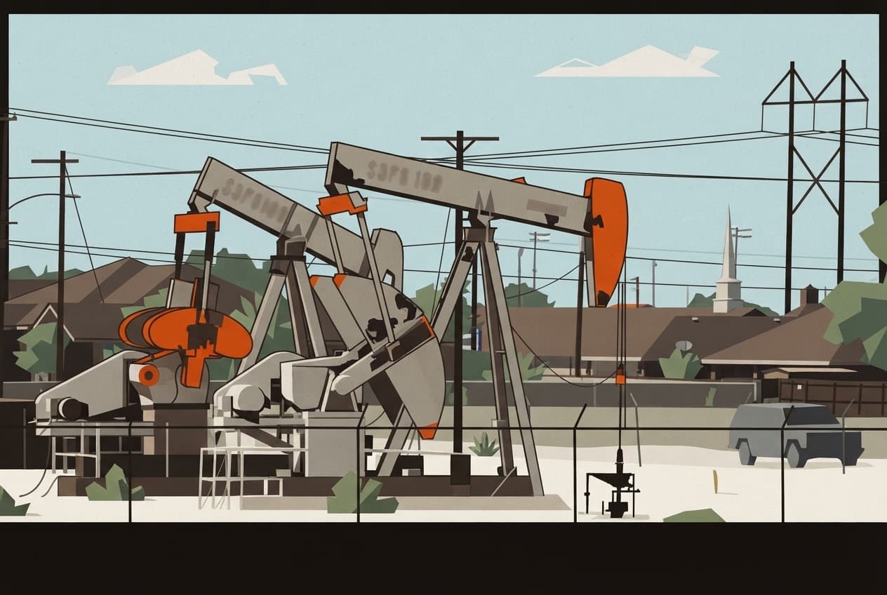 Flat illustration of Oil pump jacks, Residential buildings, Commercial structures, Desert scrub, Sky