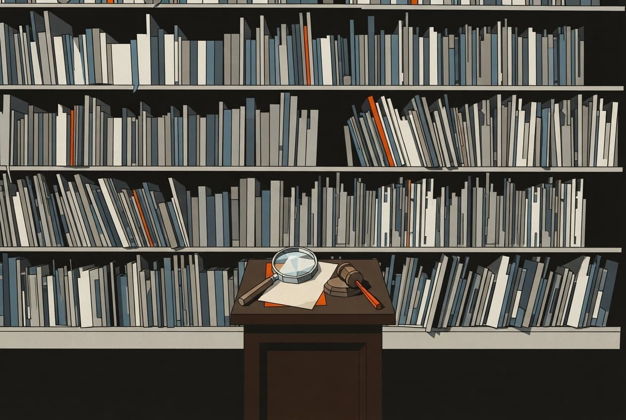 Flat illustration of Books, Bookshelves, Gavel, Document, Magnifying glass, Podium