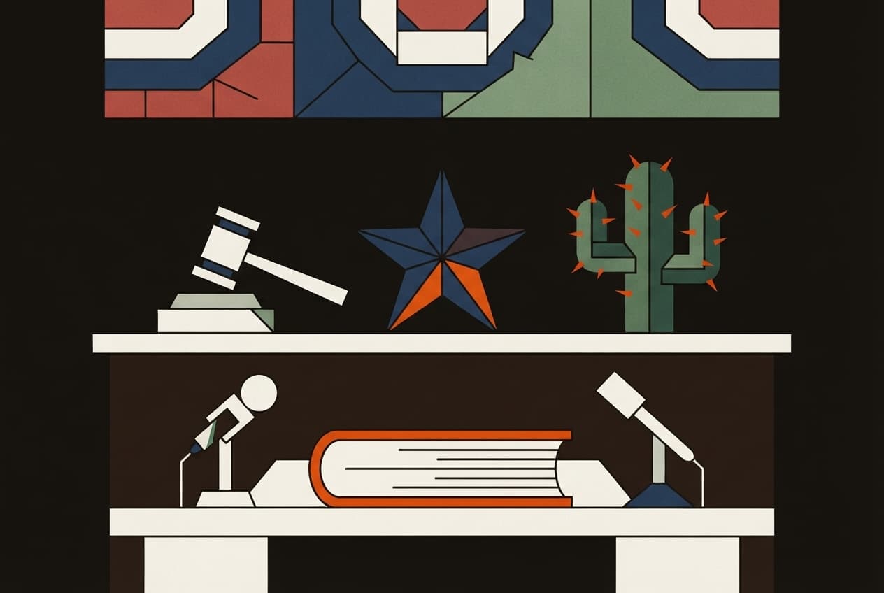 Flat illustration of Microphone, gavel, lone star, law book, cactus